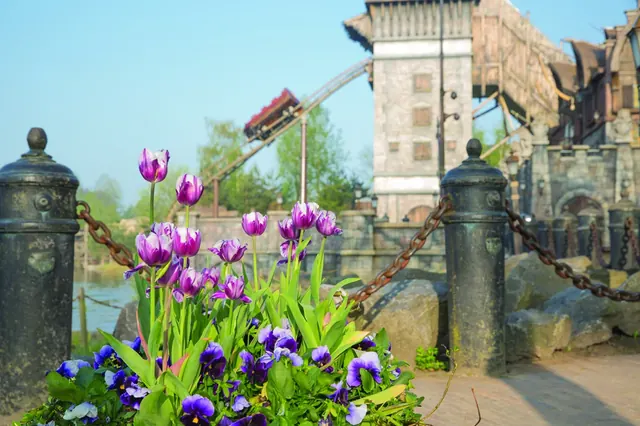 De Vliegende Hollander in de Efteling, met bloemen langs het water