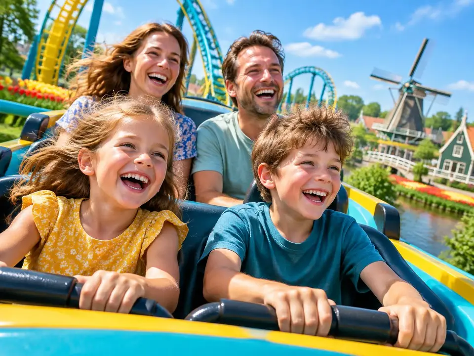 Lachend gezin in een achtbaan in een Nederlands pretpark